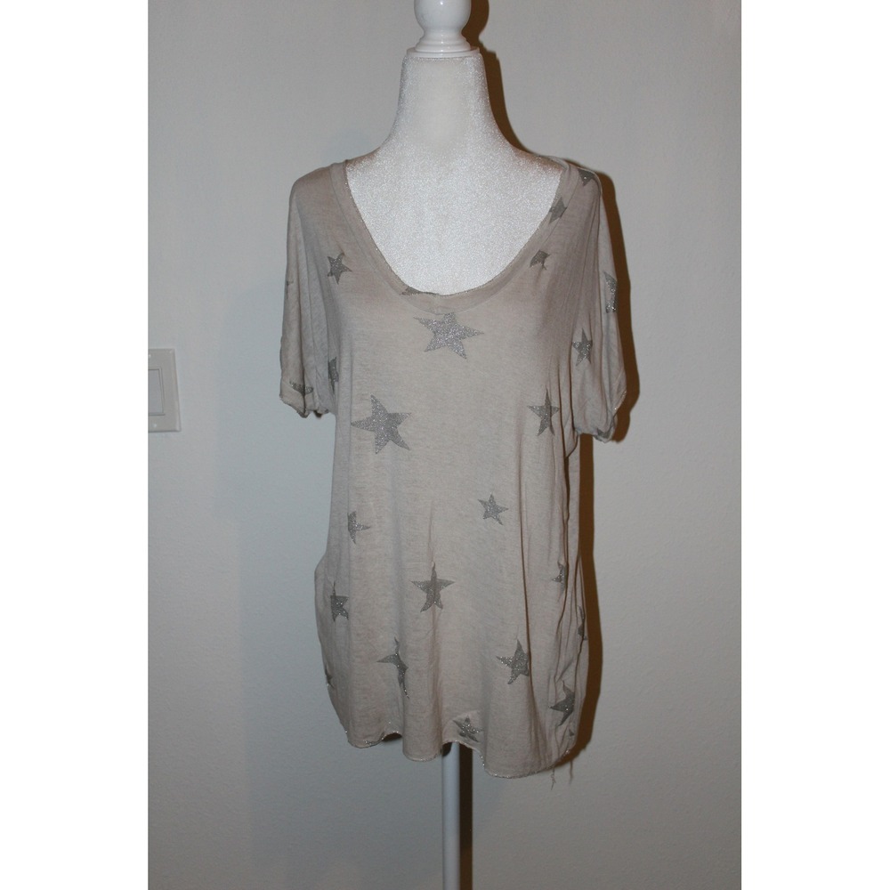 Gigi Moda Italy Women's Taupe Viscose Silver Glitter Star Print Scoop Neck Tee L